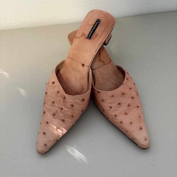 Dominguez Pink Ostrich Embossed Leather Pointed Toe Mules Heels Women's Size 7